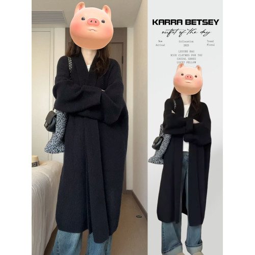 2025新款黑色長款毛衣外套針織開衫女秋冬季韓系慵懶寬松外搭大衣