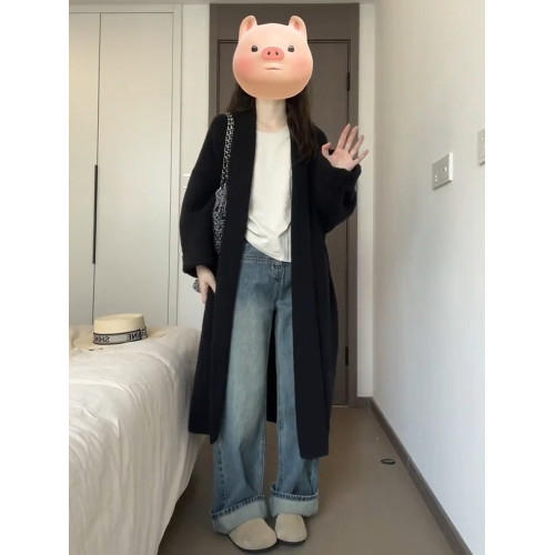 2025新款黑色長款毛衣外套針織開衫女秋冬季韓系慵懶寬松外搭大衣