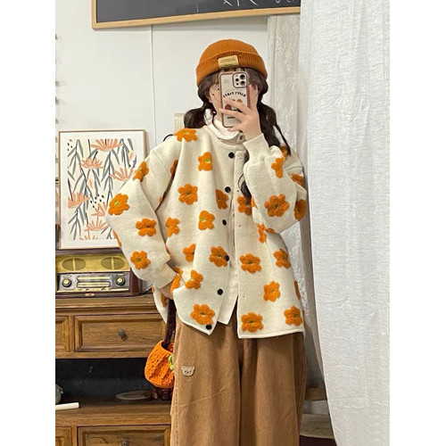 自製日系甜美立體花朵減齡毛衣女秋法式軟糯慵懶風少女感開衫外套