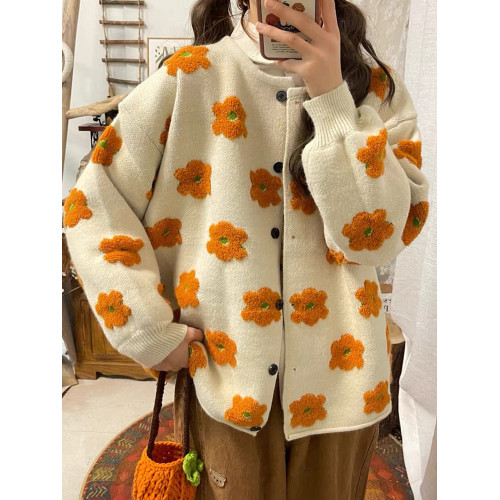 自製日系甜美立體花朵減齡毛衣女秋法式軟糯慵懶風少女感開衫外套
