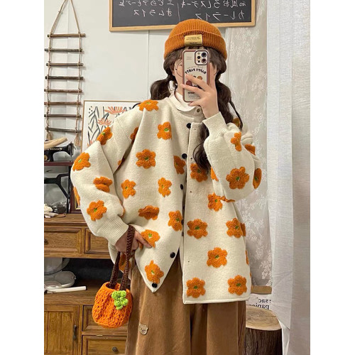 自製日系甜美立體花朵減齡毛衣女秋法式軟糯慵懶風少女感開衫外套