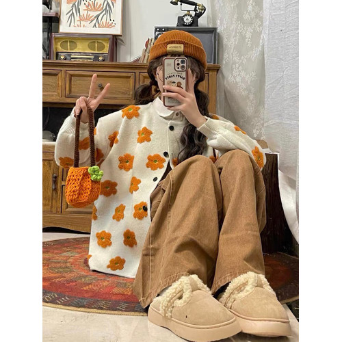 自製日系甜美立體花朵減齡毛衣女秋法式軟糯慵懶風少女感開衫外套