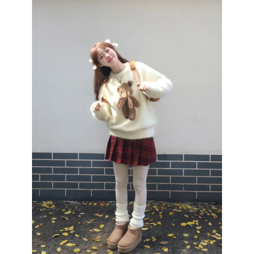甜美軟糯馬海毛小熊圓領毛衣女套頭加厚小個子內搭針織衫秋冬上衣