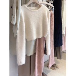 白色軟糯浣熊絨短款毛衣女秋冬溫柔奶fufu慵懶針織打底衫內搭上衣