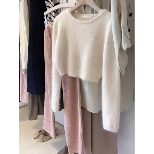 白色軟糯浣熊絨短款毛衣女秋冬溫柔奶fufu慵懶針織打底衫內搭上衣