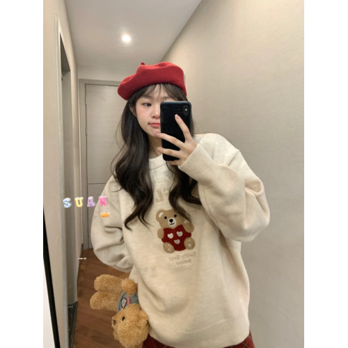 秋冬季小熊套頭毛衣女寬松慵懶風聖誕氛圍感穿搭圓領針織內搭上衣