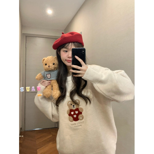秋冬季小熊套頭毛衣女寬松慵懶風聖誕氛圍感穿搭圓領針織內搭上衣