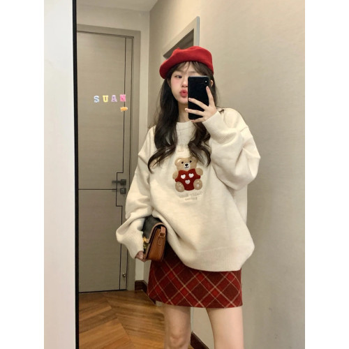 秋冬季小熊套頭毛衣女寬松慵懶風聖誕氛圍感穿搭圓領針織內搭上衣