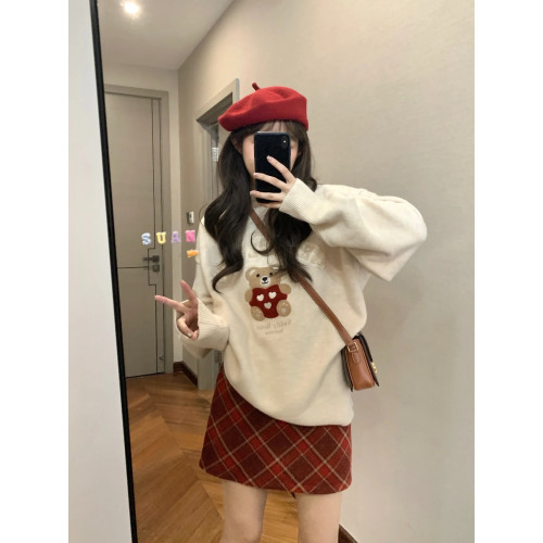 秋冬季小熊套頭毛衣女寬松慵懶風聖誕氛圍感穿搭圓領針織內搭上衣