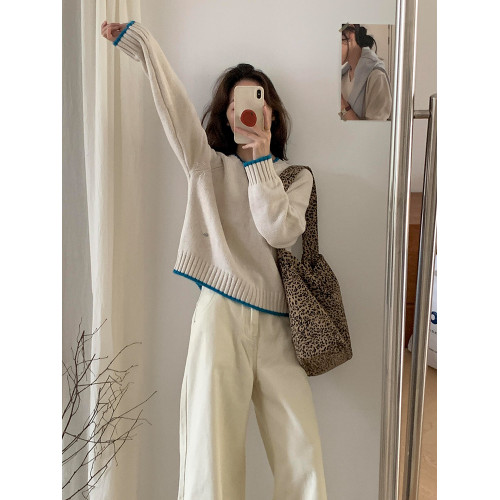 巨好看韓系杏色圓領套頭厚毛衣女秋冬慵懶寬松可外穿內搭針織上衣