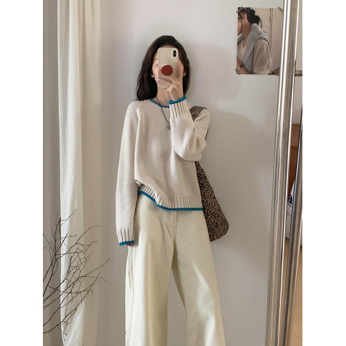 巨好看韓系杏色圓領套頭厚毛衣女秋冬慵懶寬松可外穿內搭針織上衣