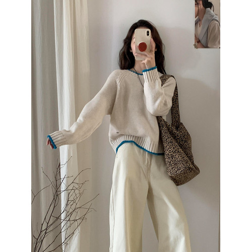 巨好看韓系杏色圓領套頭厚毛衣女秋冬慵懶寬松可外穿內搭針織上衣