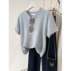 灰色羊毛短袖針織衫女早秋秋季2025新款軟糯內搭打底毛衣短款上衣