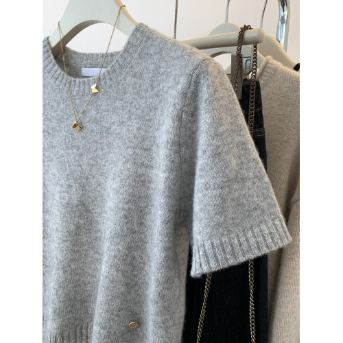 灰色羊毛短袖針織衫女早秋秋季2025新款軟糯內搭打底毛衣短款上衣