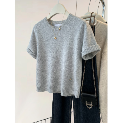 灰色羊毛短袖針織衫女早秋秋季2025新款軟糯內搭打底毛衣短款上衣