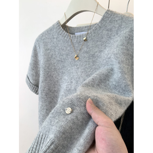 灰色羊毛短袖針織衫女早秋秋季2025新款軟糯內搭打底毛衣短款上衣