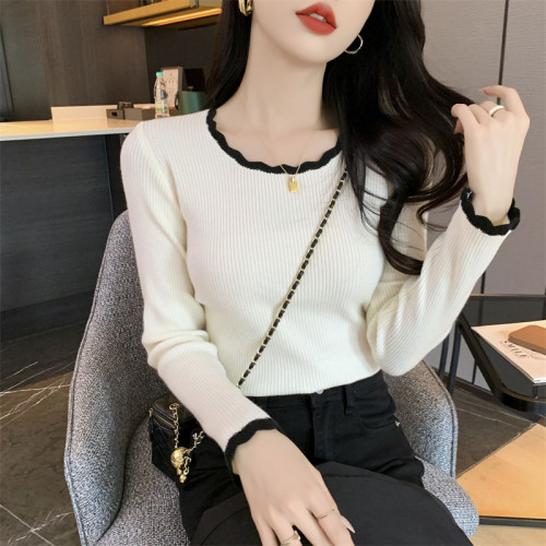 秋裝新款修身內搭毛衣女打底衫木耳邊短款別致百搭chic針織上衣潮