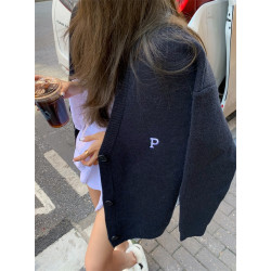 韓國東大門秋冬新款復古慵嬾寬鬆長袖針織開衫字母刺綉毛衣外套女