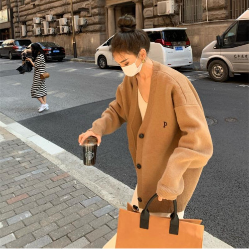 韓國東大門秋冬新款復古慵嬾寬鬆長袖針織開衫字母刺綉毛衣外套女