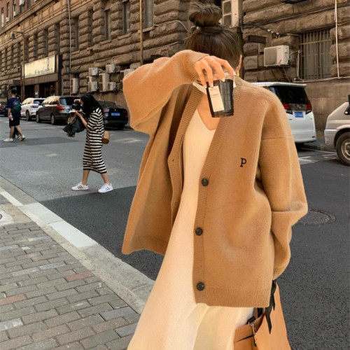 韓國東大門秋冬新款復古慵嬾寬鬆長袖針織開衫字母刺綉毛衣外套女