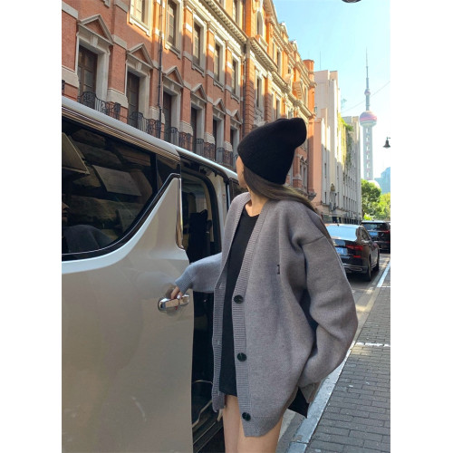 韓國東大門秋冬新款復古慵嬾寬鬆長袖針織開衫字母刺綉毛衣外套女