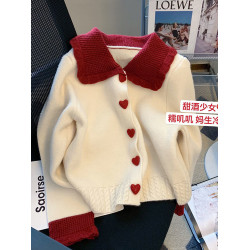 軟糯撞色娃娃領開衫毛衣女秋冬季小個子甜美減齡短款針織開衫上衣