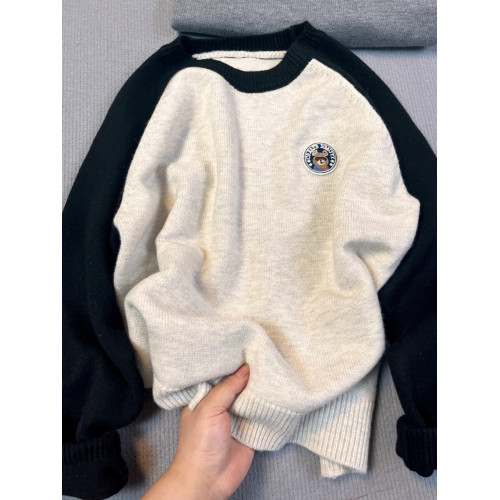 撞色軟糯套頭毛衣女秋冬慵懶寬松韓系chic別致內搭打底針織衫上衣