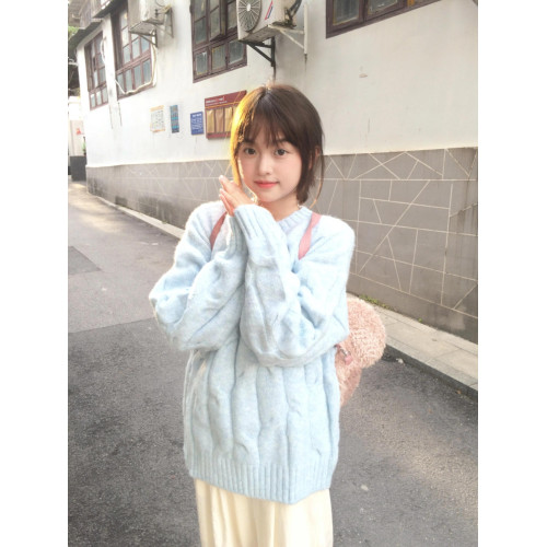 藍色麻花套頭針織毛衣女冬季穿搭慵懶加厚正肩內搭針織衫上衣秋冬