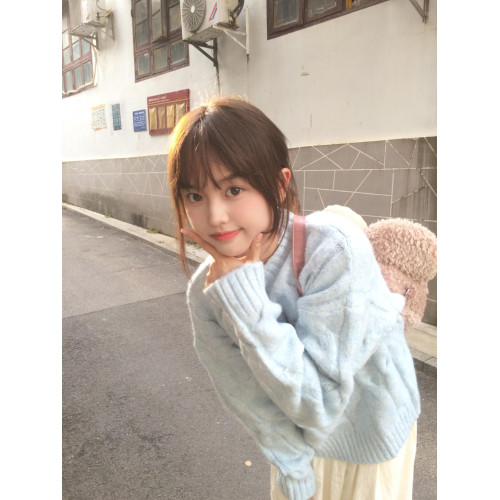 藍色麻花套頭針織毛衣女冬季穿搭慵懶加厚正肩內搭針織衫上衣秋冬