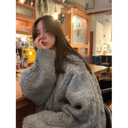 圓領純色加厚毛衣女2025新款秋冬寬松外穿慵懶風麻花針織套頭上衣 圓領純色加厚毛衣女2025新款秋冬寬松外穿慵懶風麻花針織套頭上衣