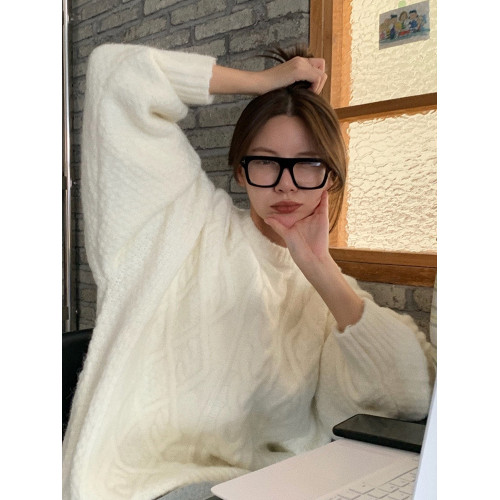 圓領純色加厚毛衣女2025新款秋冬寬松外穿慵懶風麻花針織套頭上衣 圓領純色加厚毛衣女2025新款秋冬寬松外穿慵懶風麻花針織套頭上衣