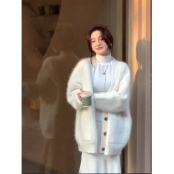 仿水貂絨毛衣外套女秋冬季外搭白色新款高級感慵懶風chic針織開衫