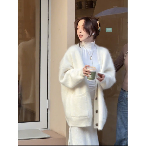 仿水貂絨毛衣外套女秋冬季外搭白色新款高級感慵懶風chic針織開衫