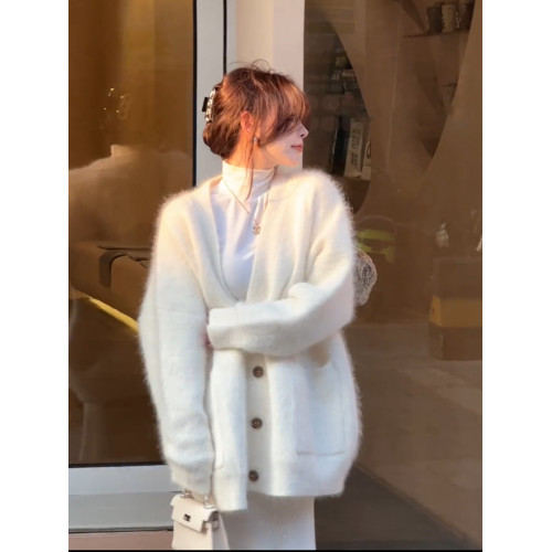 仿水貂絨毛衣外套女秋冬季外搭白色新款高級感慵懶風chic針織開衫