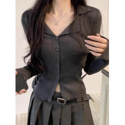 美式甜辣polo翻領針織開衫秋冬季修身V領外搭上衣別致打底毛衣女