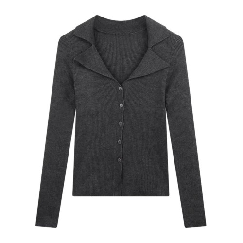 美式甜辣polo翻領針織開衫秋冬季修身V領外搭上衣別致打底毛衣女 美式甜辣polo翻領針織開衫秋冬季修身V領外搭上衣別致打底毛衣女