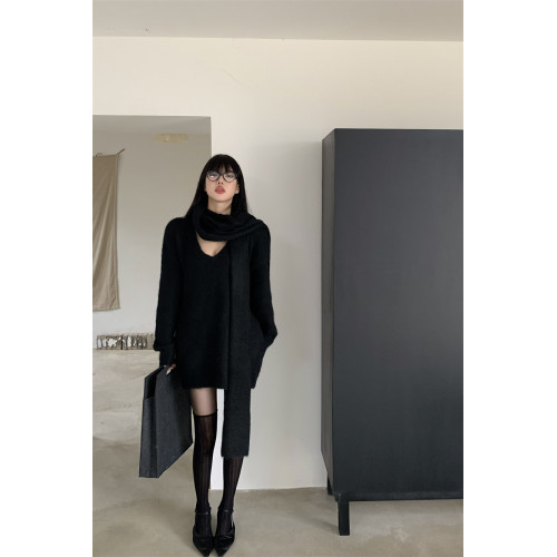 秋冬慵嬾v領寬鬆黑色長袖套頭毛衣上衣休閒學生復古韓版針織衫女