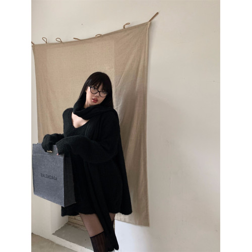 秋冬慵嬾v領寬鬆黑色長袖套頭毛衣上衣休閒學生復古韓版針織衫女