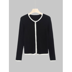 大洪官方嚴選店黑與白春季新款羊毛拉鍊開衫女內搭針織衫顯瘦上衣