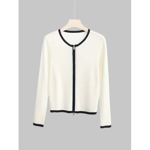 大洪官方嚴選店黑與白春季新款羊毛拉鍊開衫女內搭針織衫顯瘦上衣