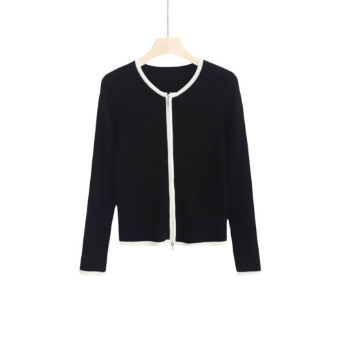 大洪官方嚴選店黑與白春季新款羊毛拉鍊開衫女內搭針織衫顯瘦上衣