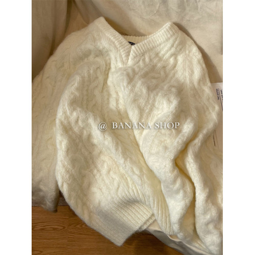 灰色v領麻花針織衫毛衣女秋冬加厚軟糯寬松外穿復古日系慵懶上衣