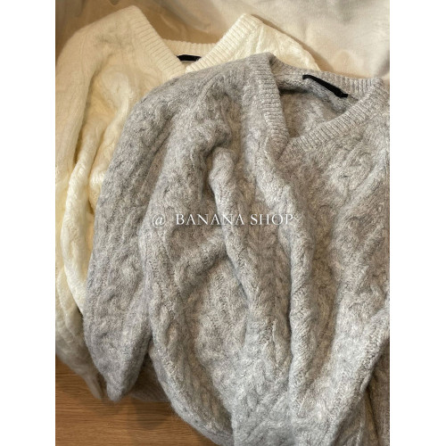 灰色v領麻花針織衫毛衣女秋冬加厚軟糯寬松外穿復古日系慵懶上衣