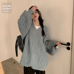 軟糯溫柔風V領寬松套頭加厚麻花毛衣秋冬季新款外穿針織衫上衣女