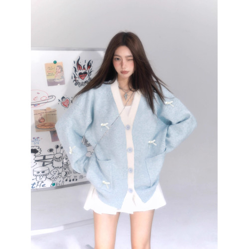 baby藍色V領蝴蝶結毛衣開衫女早秋冬季軟糯慵懶針織外套韓系上衣 baby藍色V領蝴蝶結毛衣開衫女早秋冬季軟糯慵懶針織外套韓系上衣