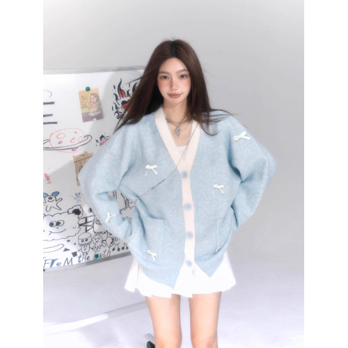 baby藍色V領蝴蝶結毛衣開衫女早秋冬季軟糯慵懶針織外套韓系上衣 baby藍色V領蝴蝶結毛衣開衫女早秋冬季軟糯慵懶針織外套韓系上衣