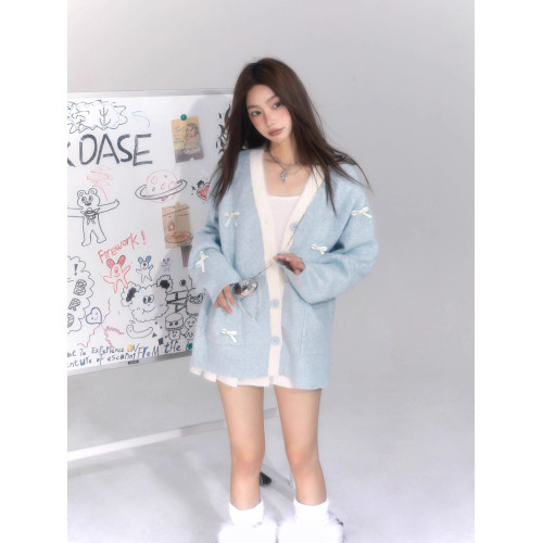 baby藍色V領蝴蝶結毛衣開衫女早秋冬季軟糯慵懶針織外套韓系上衣 baby藍色V領蝴蝶結毛衣開衫女早秋冬季軟糯慵懶針織外套韓系上衣