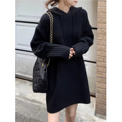 中長款連帽毛衣裙女秋冬新款慵懶風寬松設計感顯瘦針織打底衫加厚