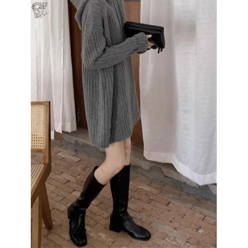 中長款連帽毛衣裙女秋冬新款慵懶風寬松設計感顯瘦針織打底衫加厚 中長款連帽毛衣裙女秋冬新款慵懶風寬松設計感顯瘦針織打底衫加厚