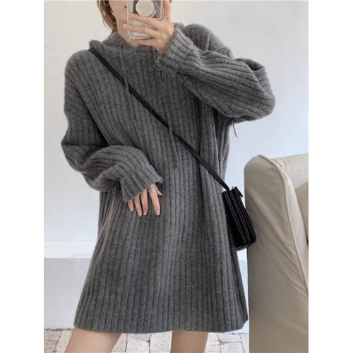 中長款連帽毛衣裙女秋冬新款慵懶風寬松設計感顯瘦針織打底衫加厚 中長款連帽毛衣裙女秋冬新款慵懶風寬松設計感顯瘦針織打底衫加厚